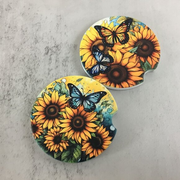 Sunflowers and Butterflies Car Coasters - Set of 2 Sandstone Coasters - Picture 4 of 6